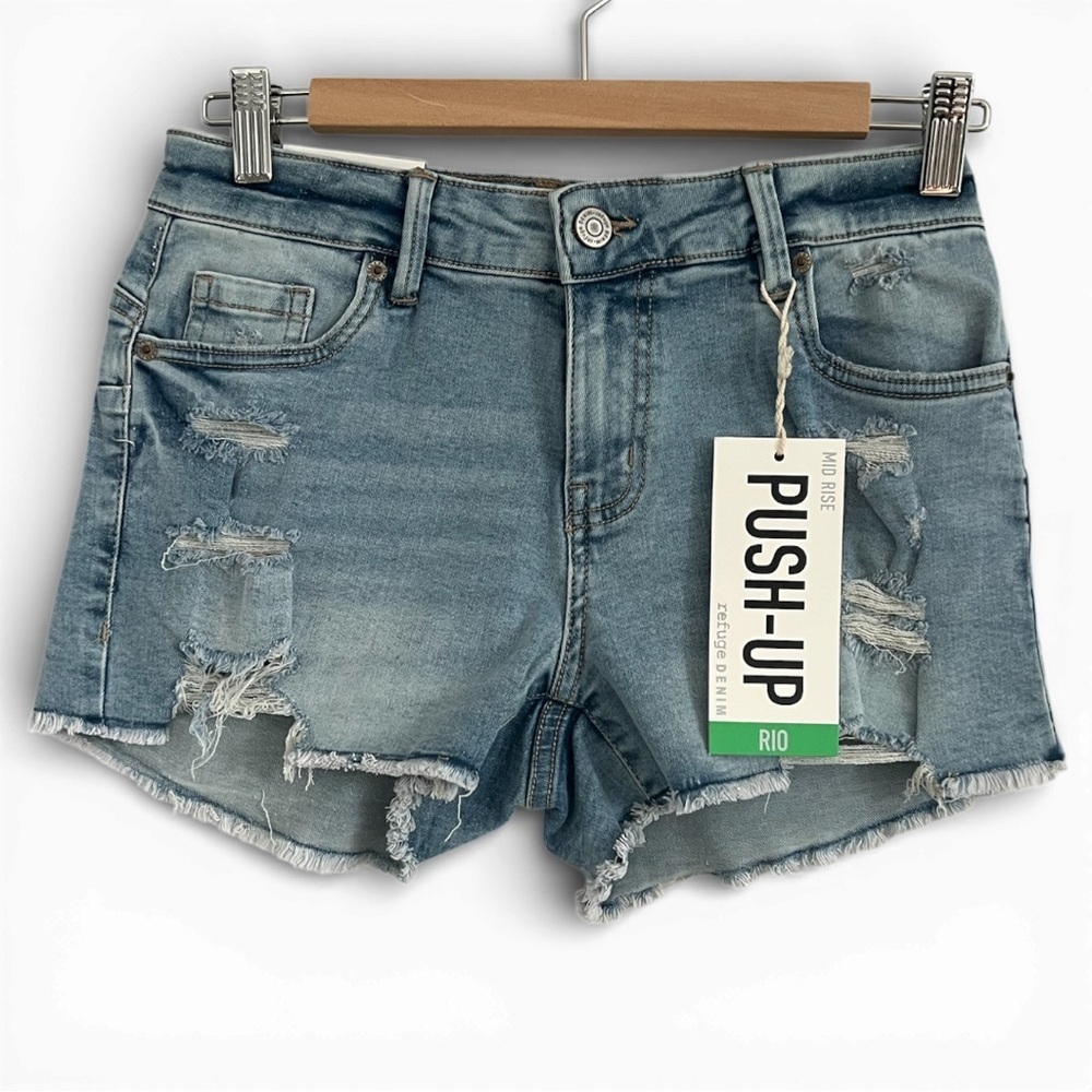 Refuge Rio Push-Up Distressed Mid Rise Blue Jean Shorts